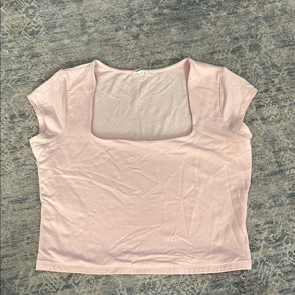 Garage Square Neck Short Sleeve Crop Top in Pale Pink